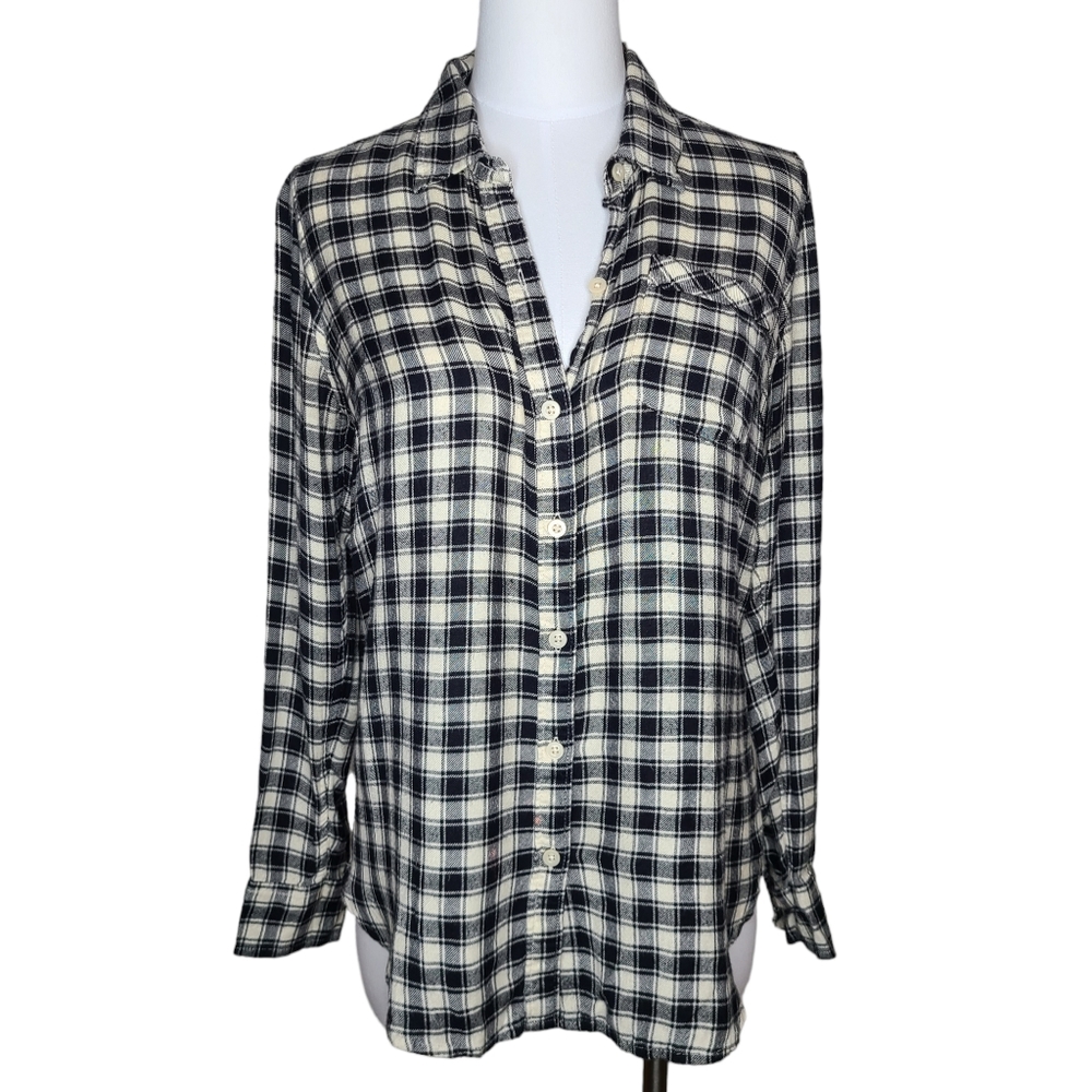 Lucky Brand Bungalow Plaid Check Print Flannel Shirt White Cream Black S